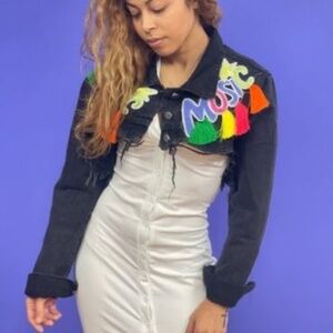 Music Embroidered Denim Tassel Multicolor Crop Jean Jacket Plus Size 3X